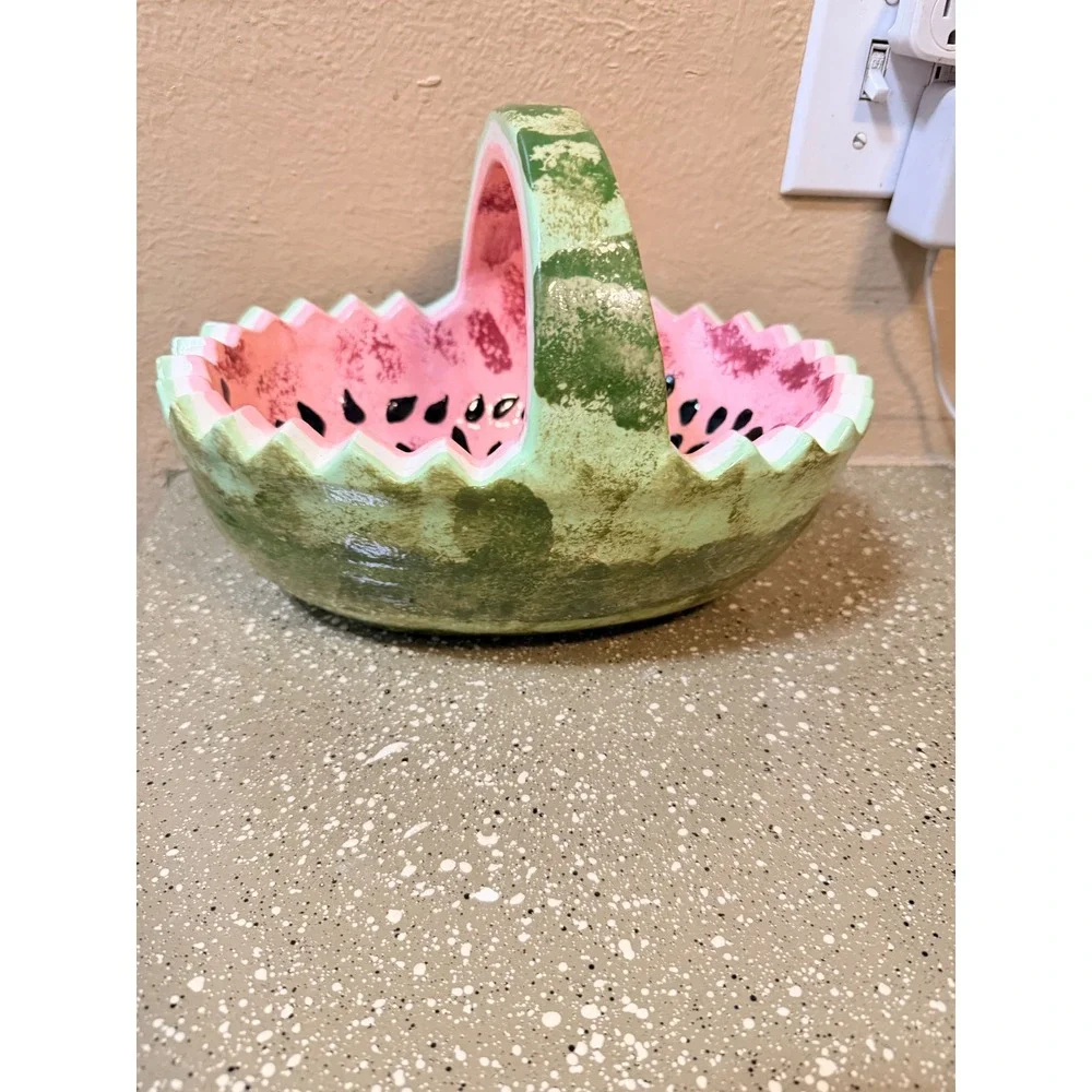 Vintage‎ Watermelon Ceramic Basket Hand Painted Pink Green Fruit Decor 11in